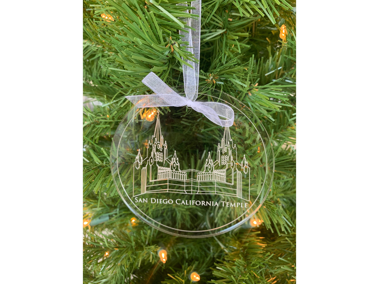San Diego California 4-inch Round Engraved Clear Acrylic LDS Temple Christmas Ornament