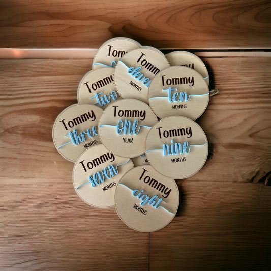 Unique Round Wood and 3D Raised Acrylic Monthly Milestone Markers for Babies