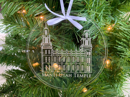 Manti Utah Scored Acrylic LDS Temple Christmas Ornament
