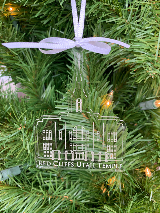 Red Cliffs Scored Clear Acrylic LDS Temple Christmas Ornament