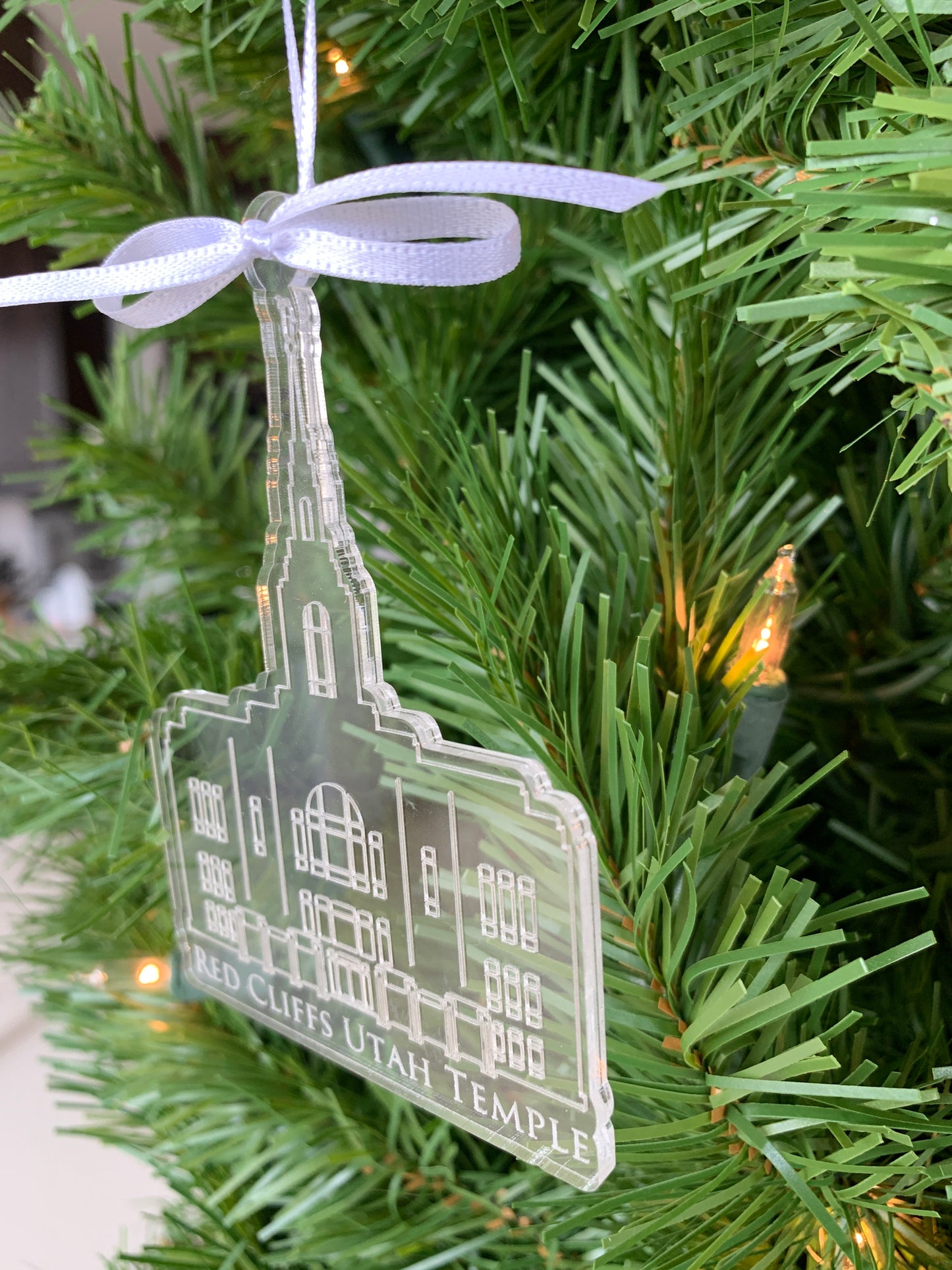 Red Cliffs Scored Clear Acrylic LDS Temple Christmas Ornament
