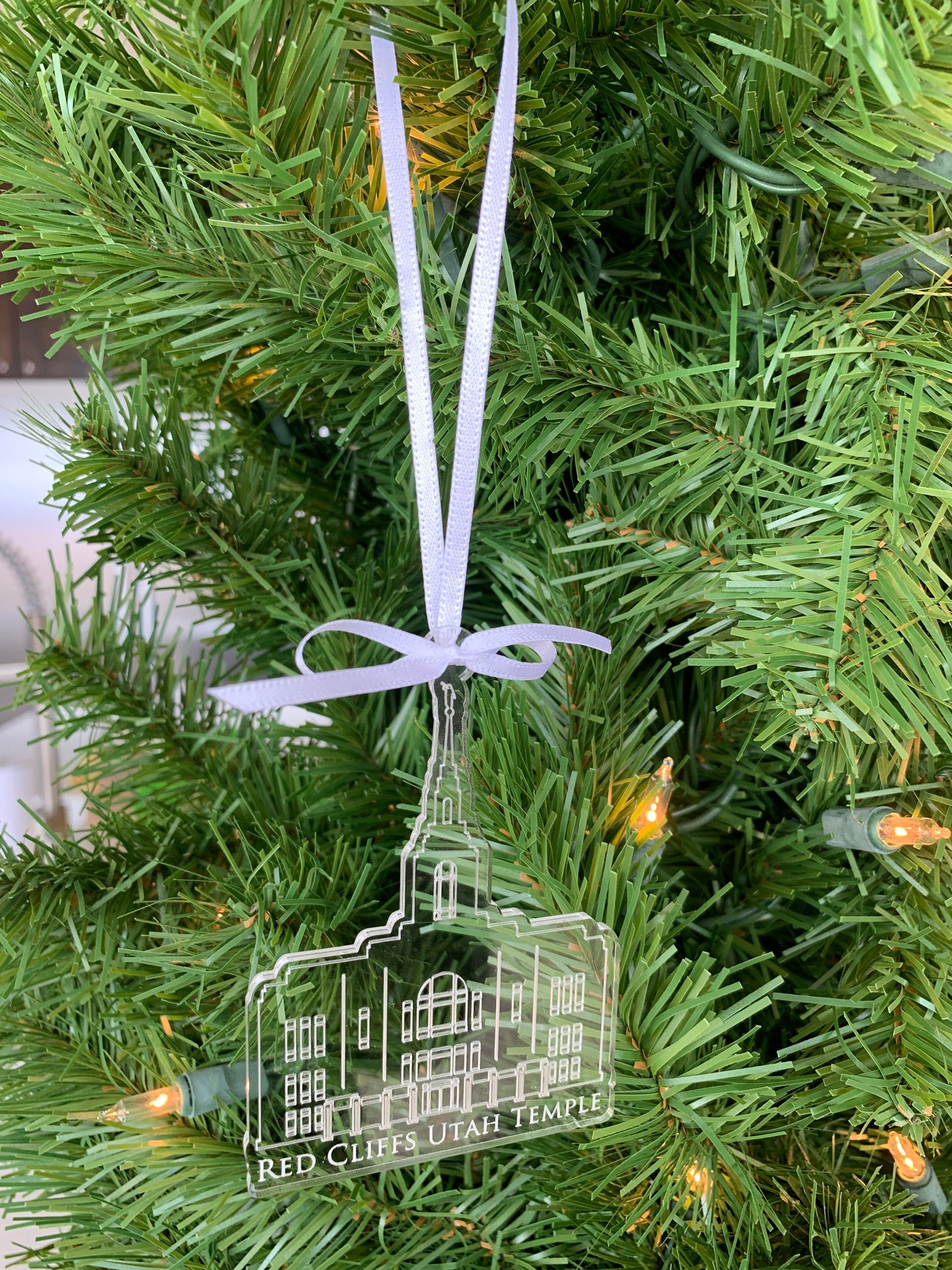 Red Cliffs Scored Clear Acrylic LDS Temple Christmas Ornament